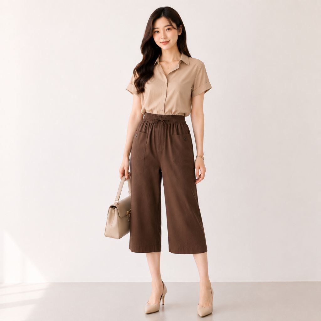 Celana Kulot Wanita 7/8 Linen Crinkle Premium Pinggang Karet Full, Kulot Jumbo Santai Kerja Korean S