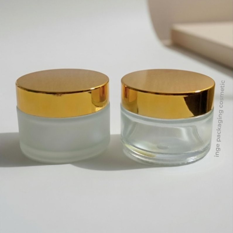 Pot Krim Kosmetik 30gr Kaca Bening / frosted Tutup Gold