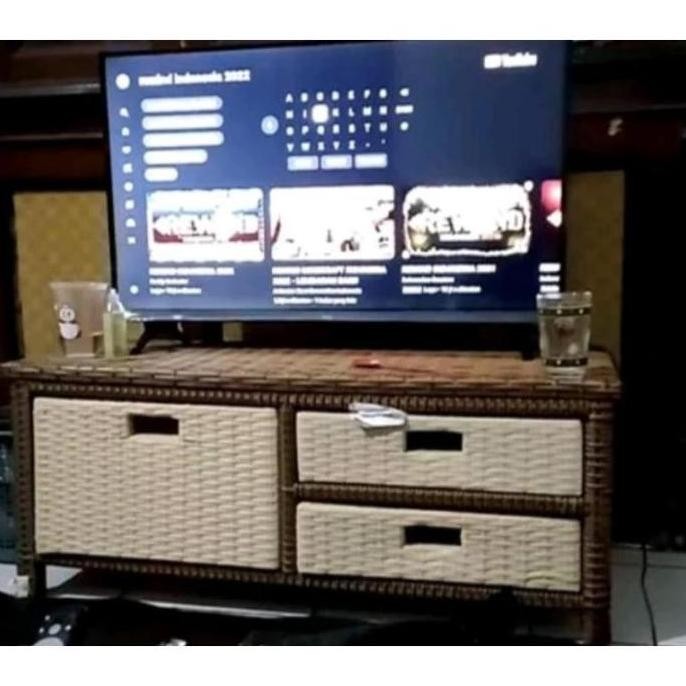 Meja Tv Rotan Sintetis Meja Rak Laci 3 Serbaguna