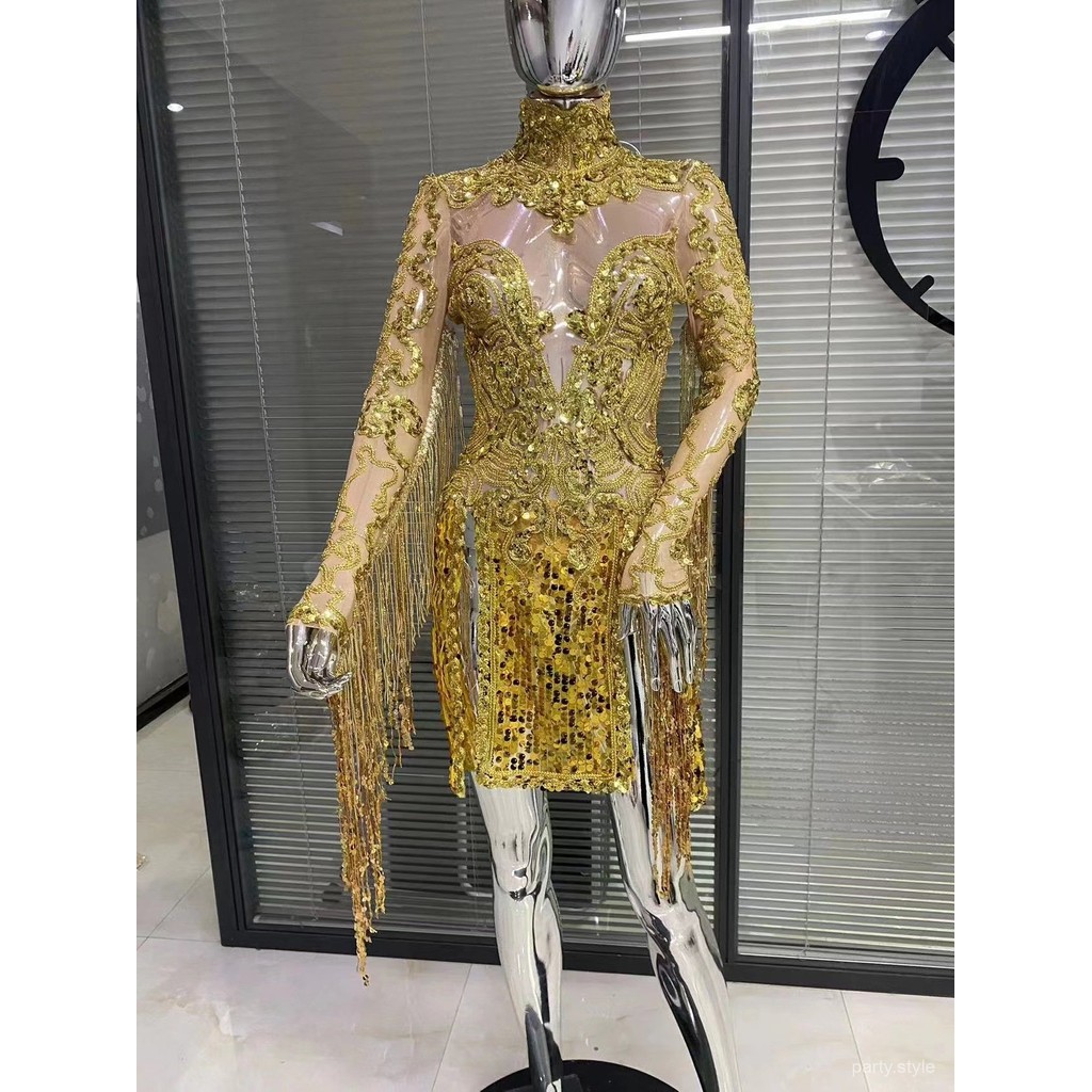 Gold Silver Transparent Mesh Sexy Sequin Tassel Tight Dress Birthday Banquet Party Dress