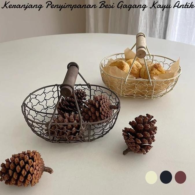 Keranjang Penyimpanan Besi Gagang Kayu Antik Keranjang Buah Besi Keranjang Buah Kecil Creative Stora