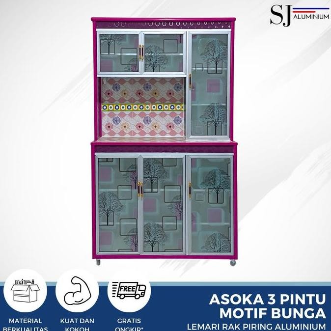 HOT SALE Rak Piring Lemari Dapur Kaca Aluminium - Asoka 3 Pintu Motif Bunga