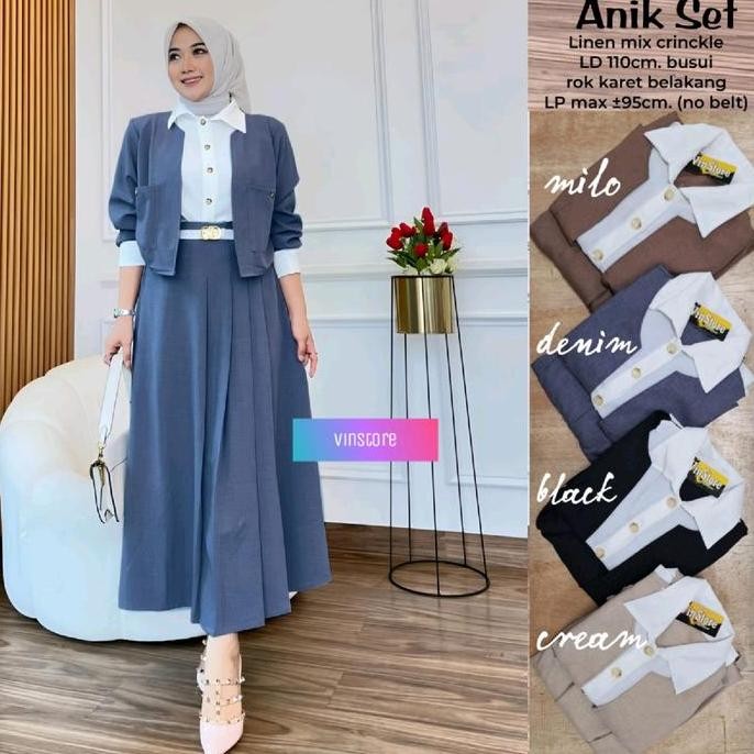 Anik Set Rok Jeans Baju Linen Mix Crinkle Terbaru Ready Setelan Kantor Setelan Rok Formal Kekinian B