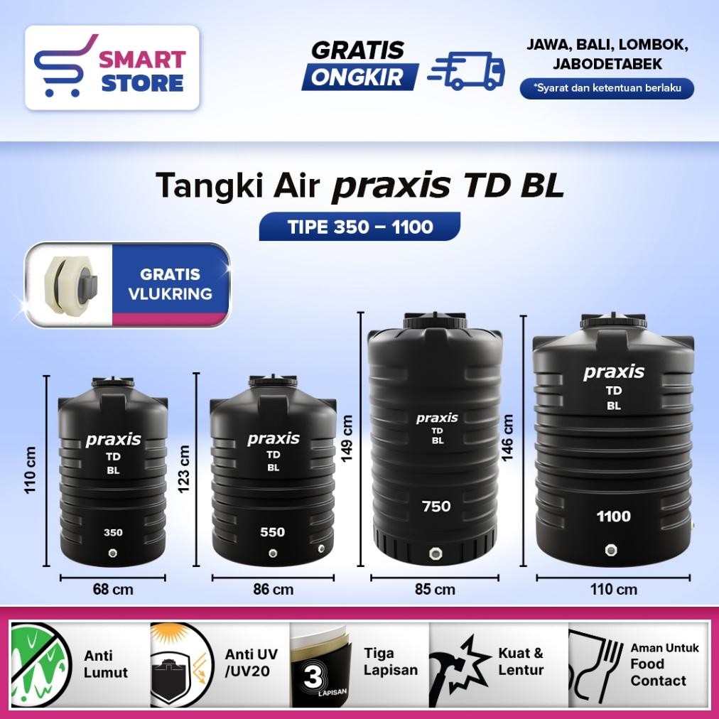 Tandon Toren Tangki Air PRAXIS 350-1100L Anti Lumut Termurah Dan Kuat