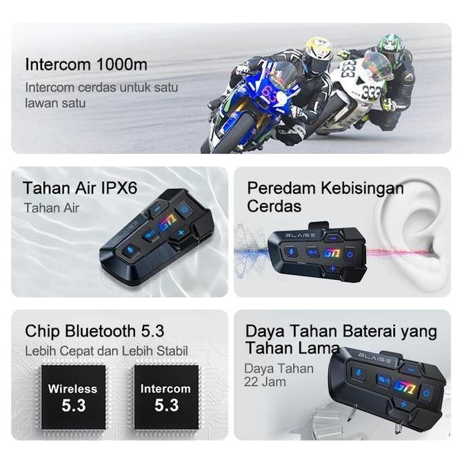 New Blaise Gt1 Intercom Helm Waterproof Musik Sharing Interkom Mic Helm Intercom 2 Orang Bluetooth H
