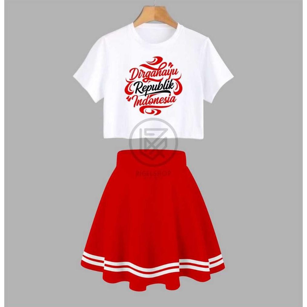 m-4 rwe-45 One Set Crop Top Baju Anak Dan Rok List Anak Perempuan Limited Edition Special Kemerdekaa