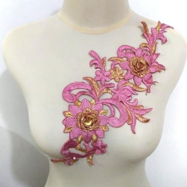 (:(:(:(] Renda Aplikasi Bordir Tabur / Patch Bordir Bunga Rosa Magenta-Emas