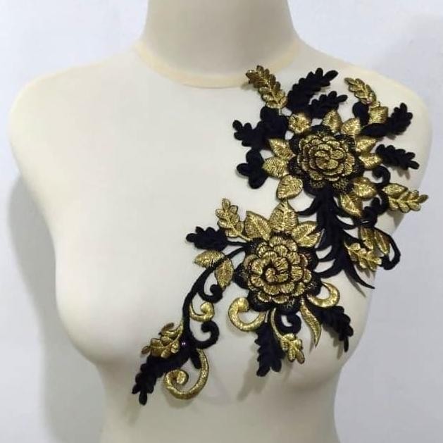 :<:<:<:<] Renda Aplikasi Bordir Bunga 2 Warna (Hitam-Emas)