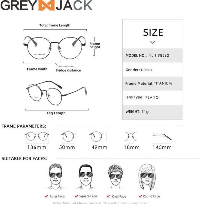 Grey Jack Kacamata Frame Titanium Style Bulat Fashion Bisnis