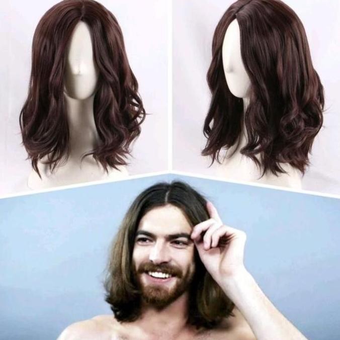 ADA Wig Pria Rambut Gondrong Bergelombang Belahan Tengah Permanen Warna Coklat dan Hitam Gaya Pria A