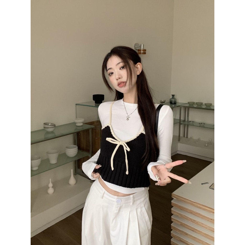 Verve WardrobeSetelan Rompi Rajutan Pita Rompi Wanita Bawahan Kaos Lengan Panjang Musim Semi Dan Mus