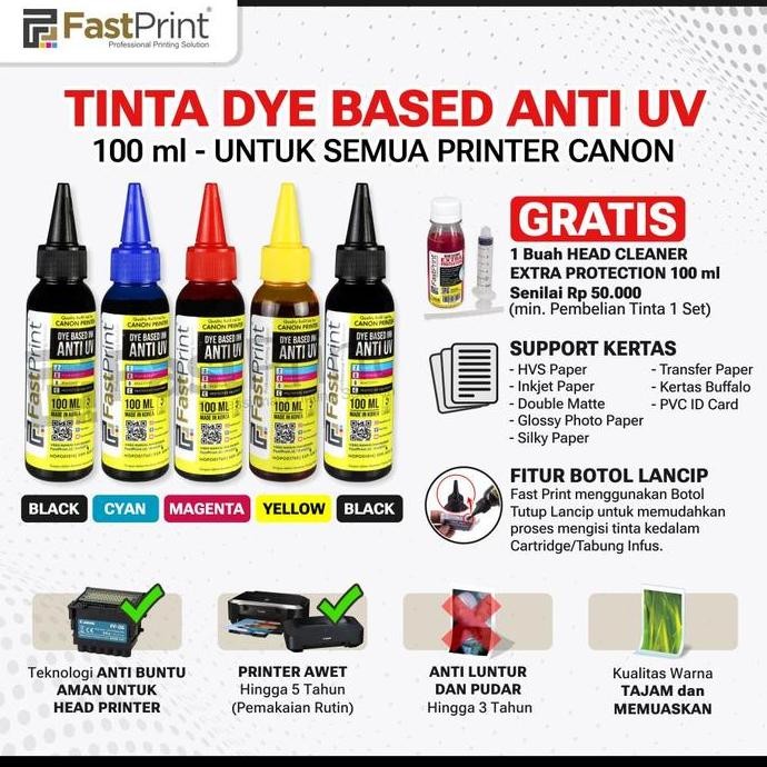 

TERBARU - Tinta Dye Based Anti UV Canon 1 Set - 5 Warna - 100 ML