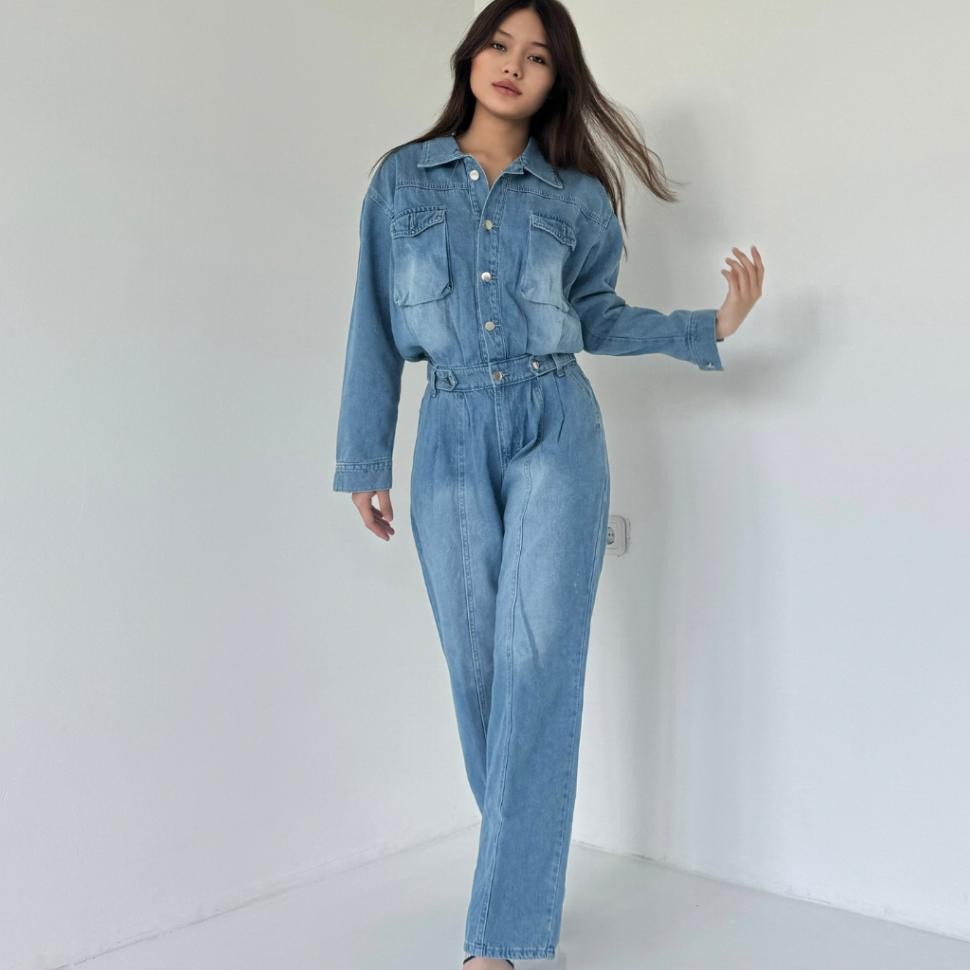 Ladouce Angel Denim Jumpsuit Jumpsuit Jeans Wanita Jumpsuit Panjang Denim