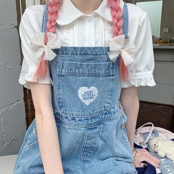 Jumpsuit Bordir Longgar Lucu Wanita Overall Denim Bordir