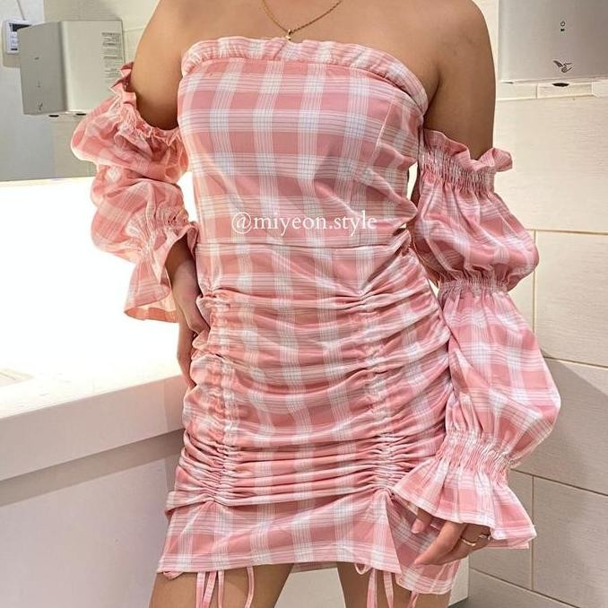 Df8 >> Dress Mini Kotak Sabrina Korean Style Gaun Pendek Casual Wanita Midi Panjang Baju Katun Motif