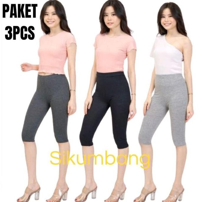 Db24>> Paket Hemat 3 Pcs Legging Kaos 3/4 Celana Legging Polos Street Lembut Wanita Dewasa Pendek Hi