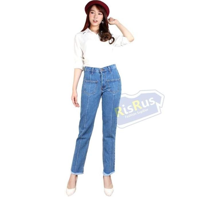 De12 >> Risrus Bf Nikita Celana Jeans Boyfriend Denim Wanita Plain Polos Cewek