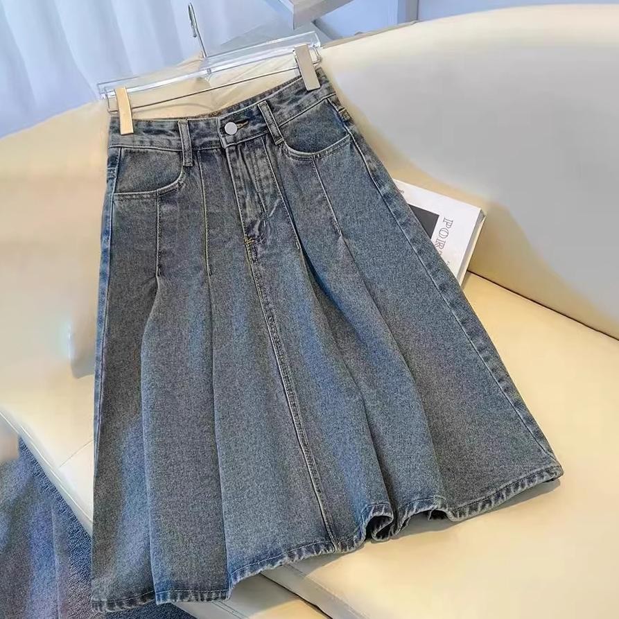 Diskon |Kekinian.Factory| Jeans Rok Wanita Rok Bawahan Wanita Denim Jeans Lipit Pendek Korea Rok Pli