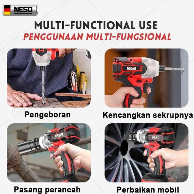 Neso German Tools Brushless Impact Wrench Cordless 398V 450Nm Bor Impact Baterai Mesin Impact Buka B