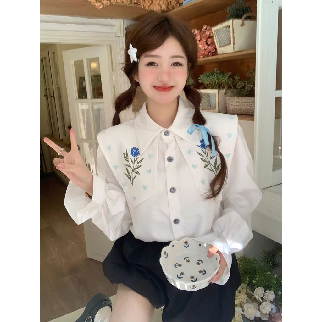 [COD]Kemeja putih kerah besar bordir retro Prancis ukuran besar lengan melebar