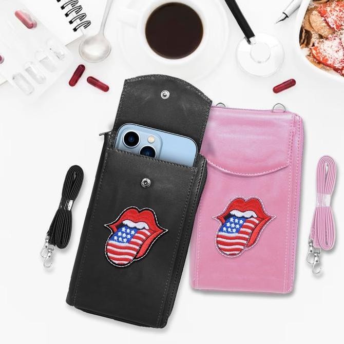 DF47 }} 523 DOMPET HP  BORDIR  ROLLING STONES / TAS DOMPET BORDIR / DOMPET MURAH