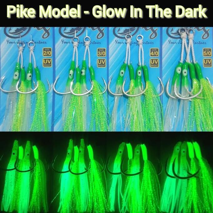 Terbaik | Assist Hook Gid Pike Kail Jigging Cumi Glow In The Dark Utk Metal Jig Lure | 100% Ori