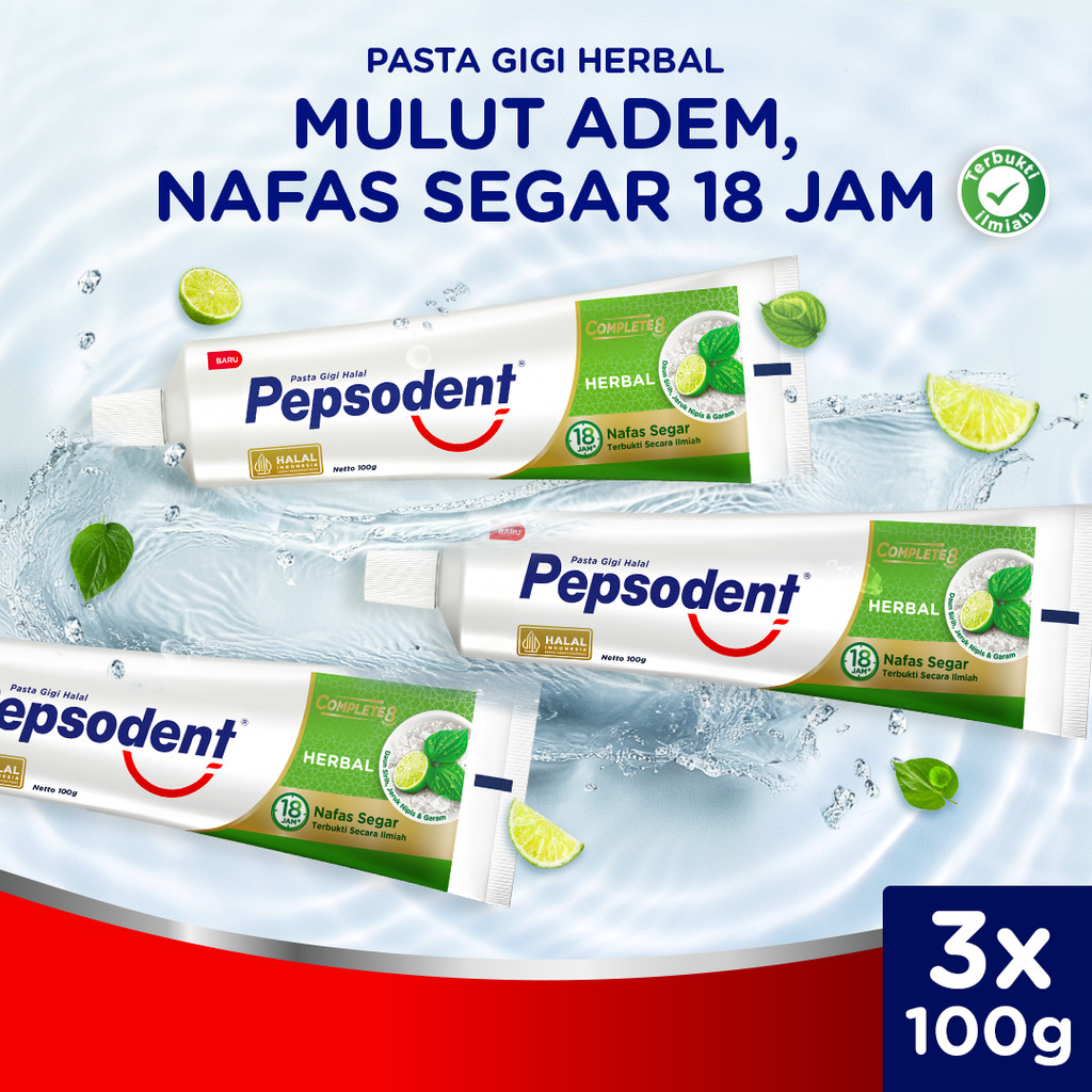 Pepsodent Pasta Gigi Complete 8 Herbal 100gr Triplepack (Isi 3)