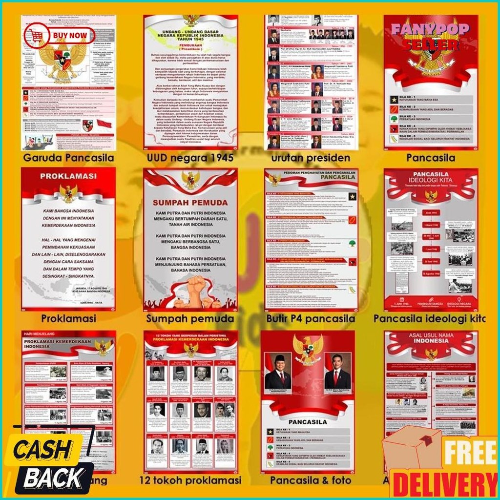 Diskon Kemerdekaan Poster Pancasila - Poster Proklamasi - Poster Sumpah Pemuda -  Poster P4 Pancasil
