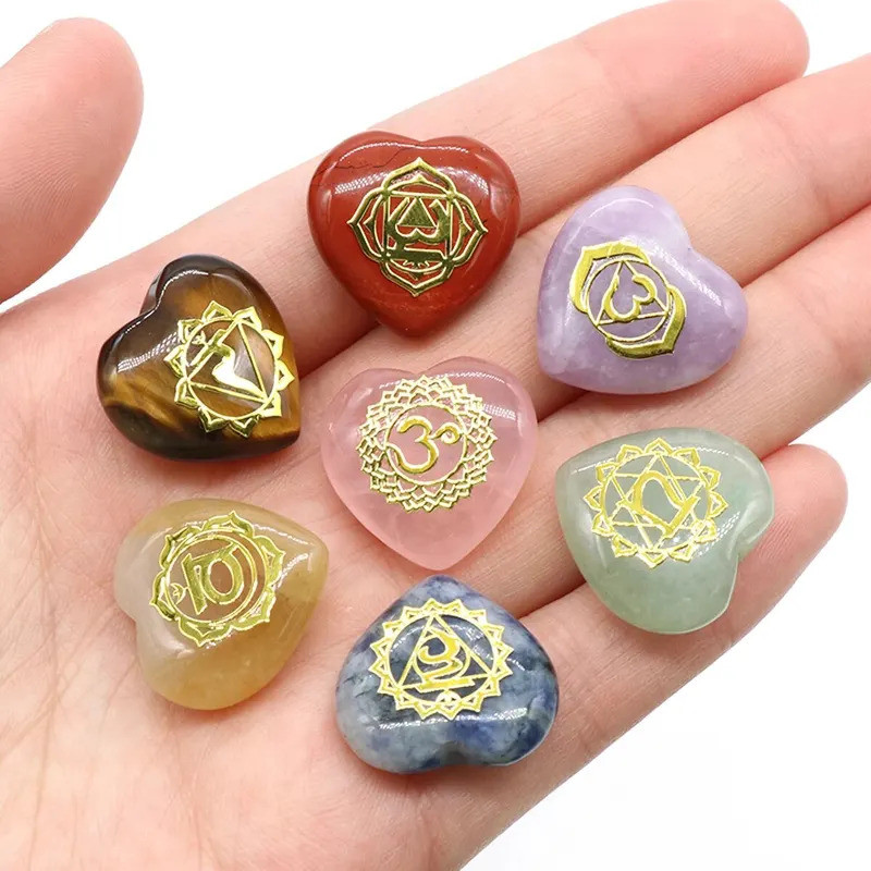 7pc/Paket Ornamen Bentuk Hati Batu Alam 7 Chakra Amethyst Mata Harimau Simbol Energi Terukir Reiki R