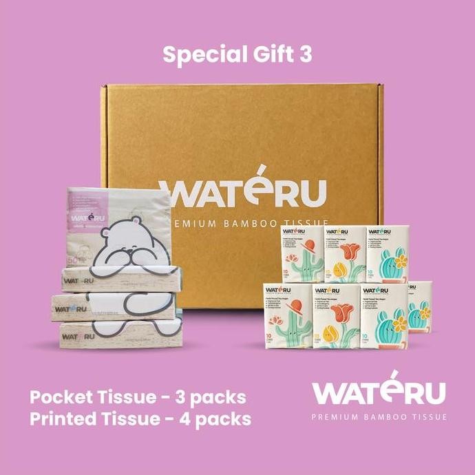 Wateru Special Gift Box 3 ( 3 Packs Pocket Tissue, 4 Packs Printed Tissue) | Natural&Unbleached | Wa