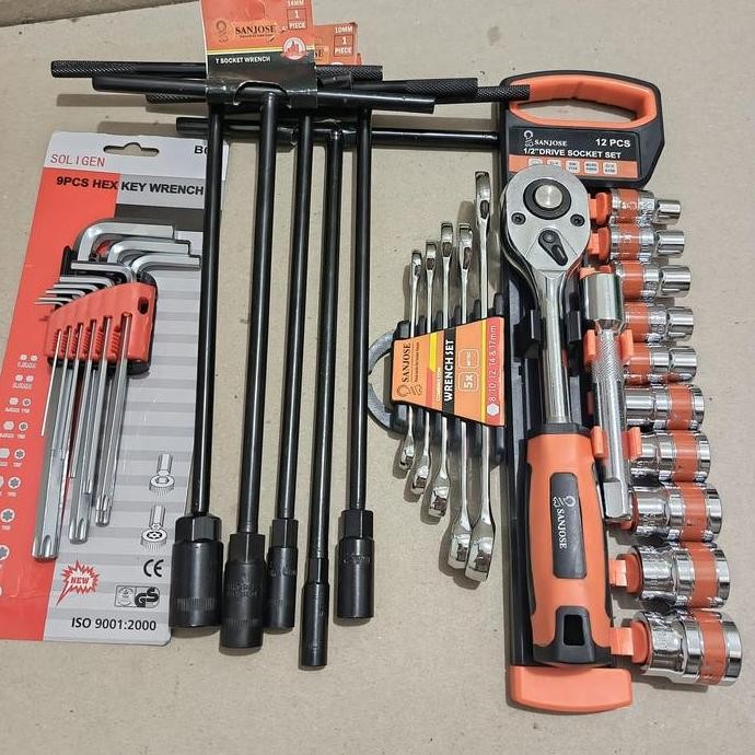 Set Alat Kunci PROMO Sanjose 5 PCS 8,10,12,14,17 MM + Kunci Shock 12 PCS 8-24 MM 6PT + Kunci Ring Pa