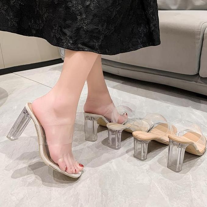DF212>> Sepatu Sandal Hak Tahu High Heels Kaca 7cm 9cm Tinggi Slip On Mules Wanita Import Sendal Per