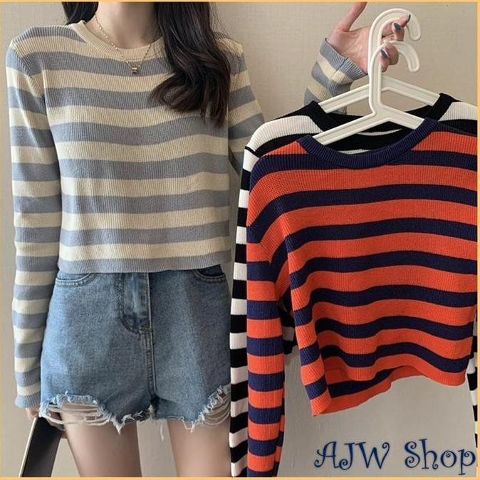 AJWShop [RK] Atasan Crop Rajut Lengan Panjang Premium Salur Garis Garis | Crop Top Lengan Panjang Ra