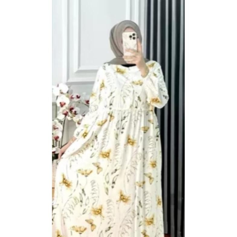[Kecil Kolinda Midi Dress Motif Bunga Rayon Premium Ugi-113