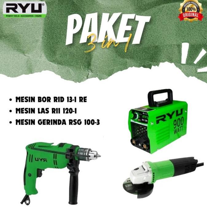 Paket 3 IN 1 Mesin las 900watt, Mesin bor 13mm, Mesin Gerinda 4", Mesin las RII 120-1, Bor RID 13-1 