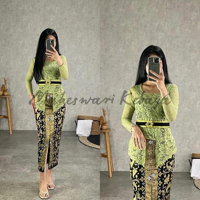 Kebaya Bali Set Brukat Panjang Sage Green
