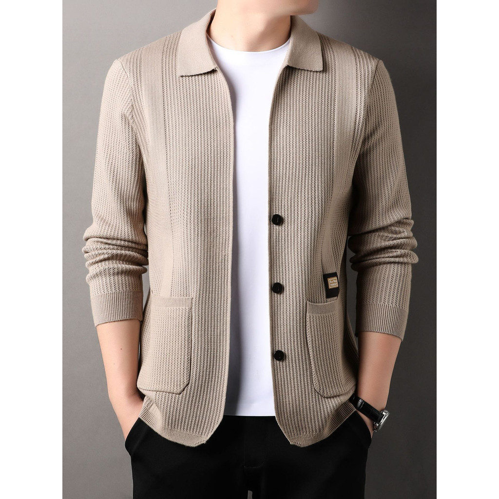 Kardigan Rajut Pria Sweater Slim Usia Paruh Baya Jaket Santai Lengan Panjang
