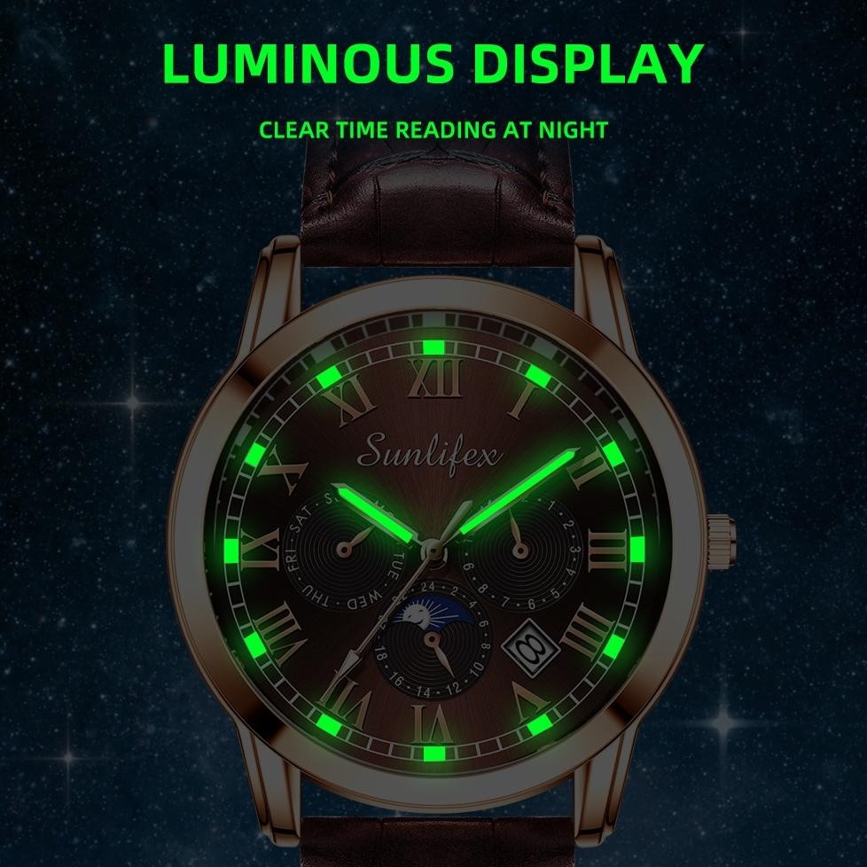 Sunlifex Jam Tangan Pria 7003 Kalender Kuarsa Santai Bisnis Tali Kulit Jam Tangan Cowok