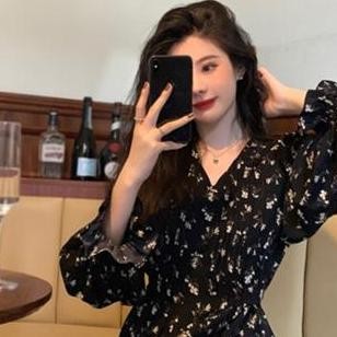 MoodStyle // DR1580 Set Dress Bunga Lengan Panjang Gaun Elegan Korea V-neck Rok Midi Fashion Korea C