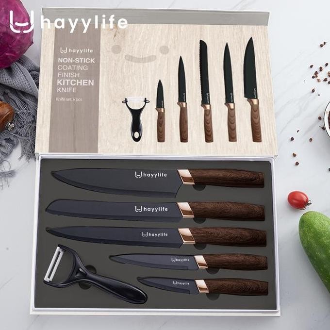 TERBARU - Hayylife Knife Set Dapur Stainless Steel 6 in 1 Gagang Kayu / Set Pisau Dapur Baja Hitam R