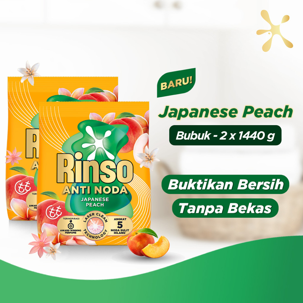 [Lebih Hemat 25%] Rinso Baru Detergen Bubuk Varian Japanese Peach 1440g x2