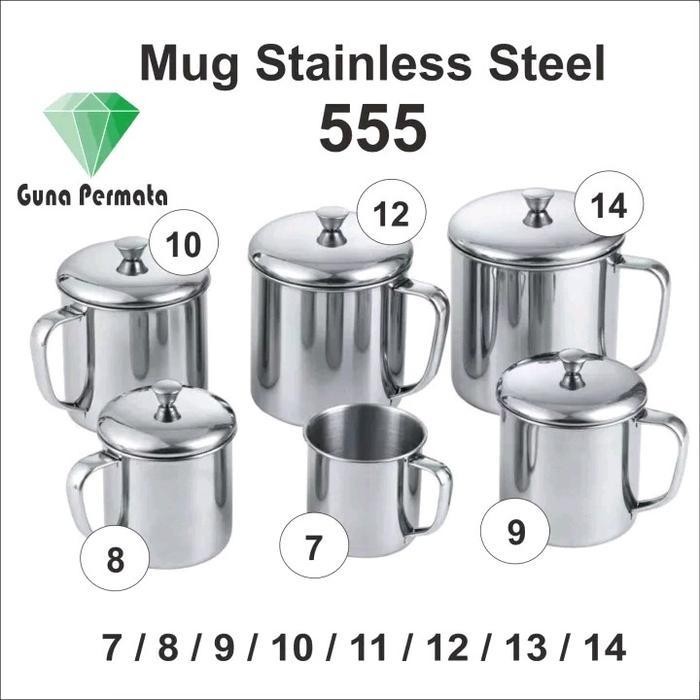 PWH Mug FULL Stainless Steel Semua Ukuran Jumbo Besar 15 14 13 12 11 10 9 8 7 cm - Bisa di Kompor Li