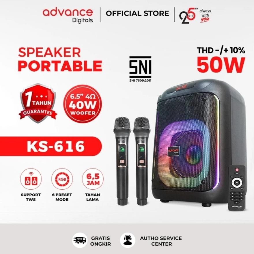 Advance KS-616 Speaker Bass Bulat Hi-Fi Sound 6.5 Inch Speaker RGB Light Speaker Karaoke Free 2 MIC 