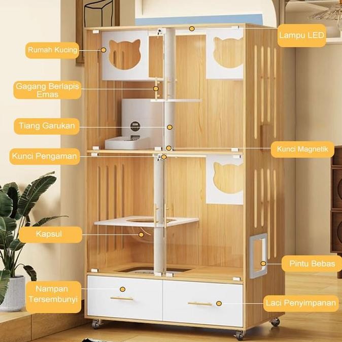 L&Q Rumah Kucing/ Kandang Kucing Kayu Asli Kaca Aman 360 Derajat Tahan Air dan Lembab Kandang Kucing