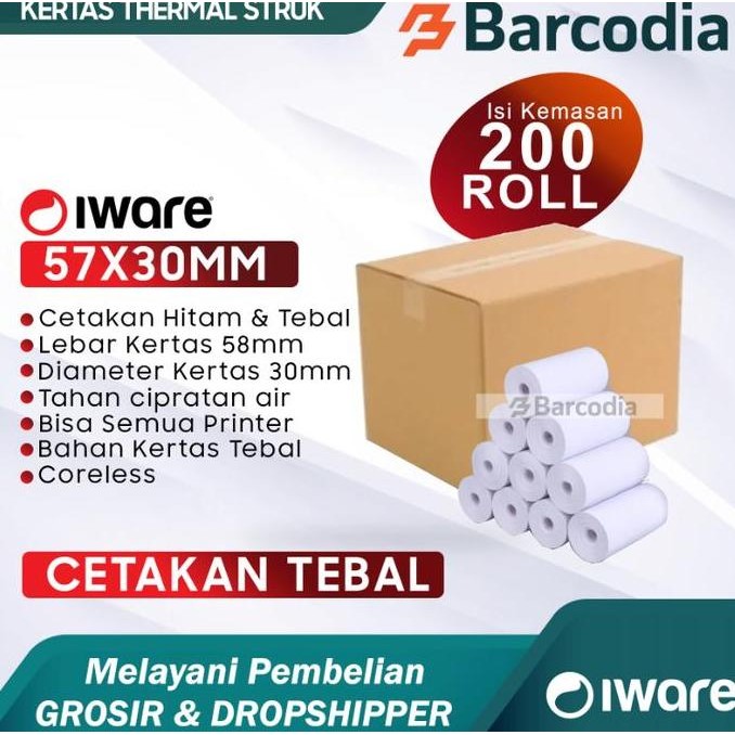 

1 DUS (200 Pcs) Iware 57x30 Kertas Thermal Roll Struk Kasir 57 x 30