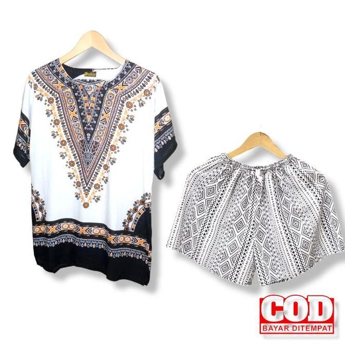 Setelan Celana Pendek V Putih/ Setelan Celana Pendek Pria Wanita/ Setelan Celana Pendek Tribal
