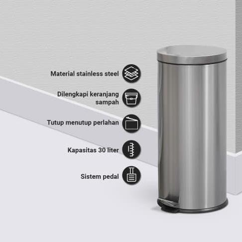 Tempat Sampah 30 Ltr Stainless Slow Close - Silver