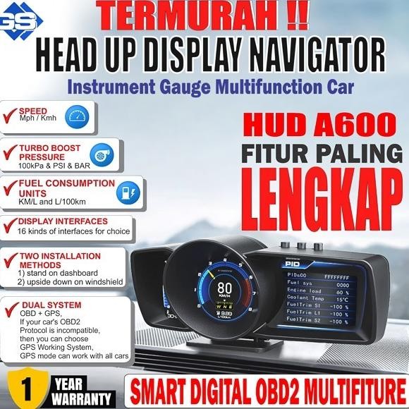 Pengukur Otomatis A600 HUD GPS + Sistem OBD, Speedometer Digital OBD