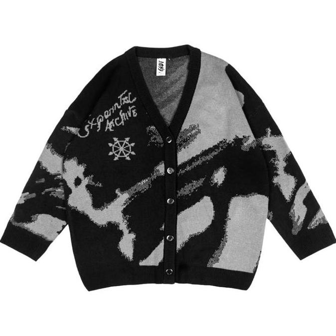 GRDT - Experimental Knit Cardigan Black Grey Panjang Knitwear Pria Sweater Kerah Hitam Crewneck Swea