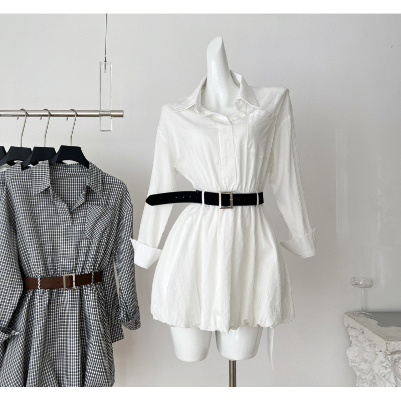 Gaun kemeja kotak-kotak lengan panjang sepanjang pinggang